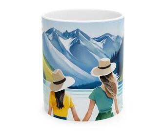Ceramic Mug with Watercolor Mountain Lake and Friends Design | 11oz and 15oz | BPA-Free, Dishwasher & Microwave Safe