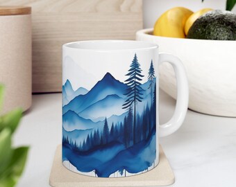 Blue Watercolor Mountain Landscape Ceramic Mug | 11 oz or 15 oz | Microwave and Dishwasher Safe | Perfect Gift for Outdoor Enthusiasts