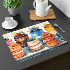May include: A watercolor illustration of a set of six colorful cakes with various toppings, including berries, blueberries, and whipped cream. The cakes are arranged on a white background with a blue and white pattern.
