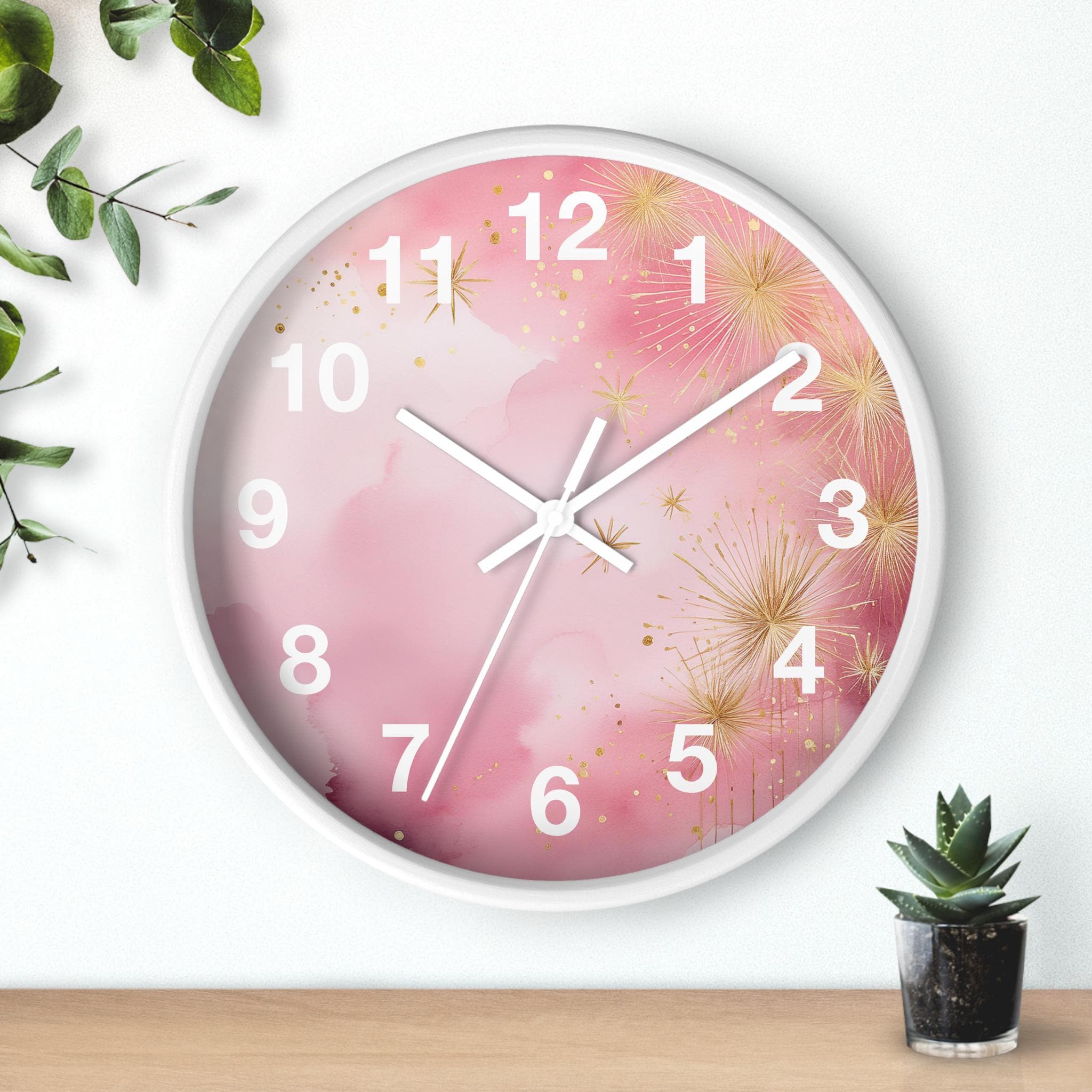 Pale Pink Watercolor Wall Clock With Gold Starburst Accents, White ...