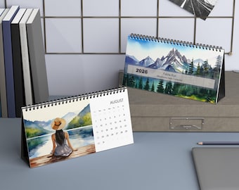 2026 Desktop Calendar Watercolor Mountainscape | Personalized Nature Art | Home Office Decor | Holiday Gift Idea