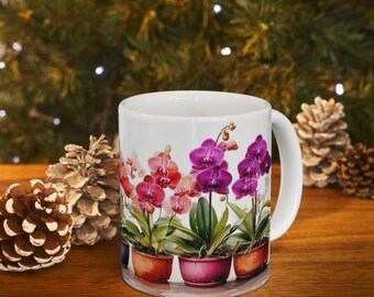 Vibrant Orchid Pottery Mug - 11 oz or 15 oz Ceramic Watercolor Design - Dishwasher & Microwave Safe - Perfect for Coffee and Tea