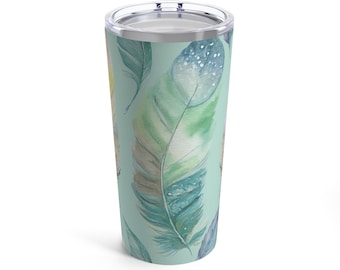 Watercolor Feather Travel Coffee Mug - 20oz Stainless Steel, Vacuum Insulated, Stylish and Durable for On-the-Go Beverages! Perfect Gift!