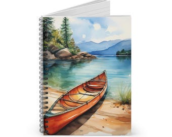 Watercolor Mountain Lake Canoe Spiral Notebook - Ruled Lined Journal for Nature Lovers, Perfect for Notes & Sketches!
