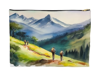 Watercolor Hiker Makeup Bag | Travel Pouch with Mountain Design, Perfect for Beauty Essentials, Toiletries, and Gifts for Nature Lovers