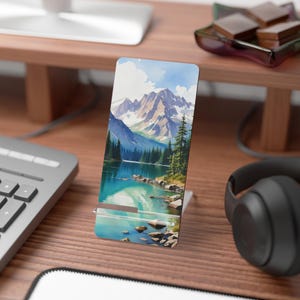 Mountain Lake Phone Stand | Durable Hardboard Holder | Cute Smartphone Stand for Home and Travel | Cell Phone Stand for Desk Kindle Tablet