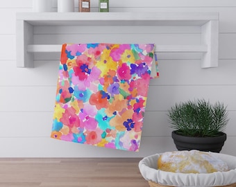 Bright Watercolor Floral Kitchen Tea Towel | Dish Towel Spring Flower Print Hand Towel for Cooking, Baking, Cleaning, Drying Dishes