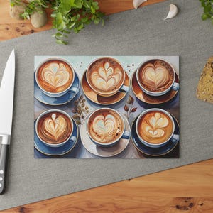 Durable Tempered Glass Cutting Board with Watercolor Design of Foam Lattes Perfect for Cooking and Entertaining! Gift for Home Chef