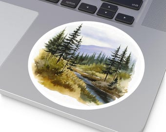 Watercolor Mountain Stream Landscape Sticker | Nature Vinyl Decal | Laptop Decoration | Pine Forest Mountain River Sticker | 5 Sizes