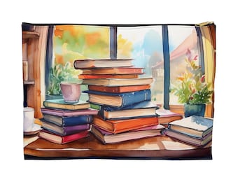 Charming Watercolor Makeup Bag & Accessory Pouch with Book Stacks and Coffee Design - Stylish Organizer for Beauty Essentials