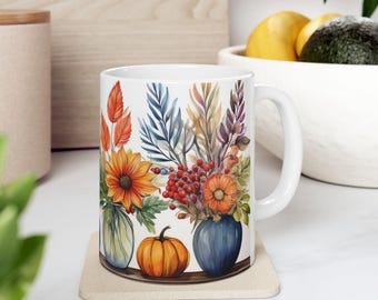 Autumn Watercolor Ceramic Mug with Fall Foliage Vases and Playful Pumpkins | Dishwasher & Microwave Safe | Cozy Harvest Season Gift