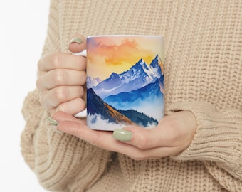 Watercolor Snowcap Mountain Ceramic Mug | Twilight Sunset Sky | 11oz or 15oz Durable Coffee Cup | Cozy Winter Holiday Gift Idea