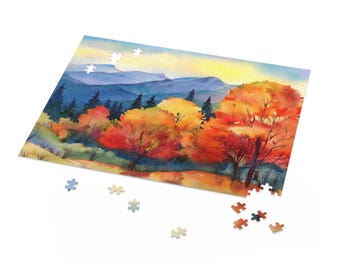 Autumn Landscape Watercolor Puzzle | 500 Piece Mountain Scene Jigsaw | Fall Foliage Nature Art Puzzle | Scenic Misty Mountain Leaves Puzzle