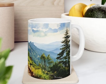 Watercolor Hiking Trail Ceramic Mug | Scenic Ridge Overlooking Mountains | Microwave & Dishwasher Safe Coffee Cup for Nature Lovers