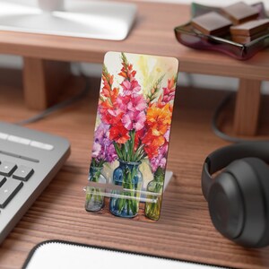 Soporte para teléfono con diseño de gladiolos en acuarela, elegante diseño floral, soporte para teléfono de escritorio para oficina en casa, soporte para smartphone, gran regalo para compañeros de trabajo.