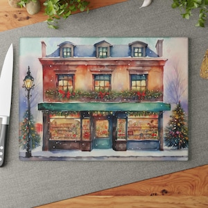 Tempered Glass Cutting Board with Watercolor European Christmas Storefront Design | Perfect for Cooking & Holiday Decor!