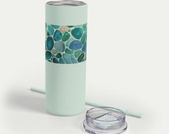 Seaglass Tumbler | 20oz Stainless Steel | Keeps Drinks Cold for 24hrs | Eco-Friendly Watercolor Design | Gift for Beach Lovers