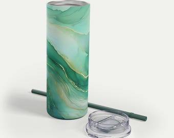 Tumbler with Straw, 20 oz Insulated Drinkware, Keeps Drinks Hot 12 Hours and Cold 24 Hours, Eco-Friendly Gift, Elegant Green Swirls