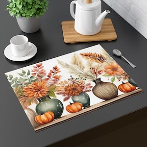 Watercolor Fall Foliage Placemat with Pumpkins | Autumn Table Decor | 18x14&quot; Handmade Thanksgiving Table Setting