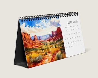 2025 Watercolor Nature Desk Calendar | Scenic American Landscapes and Wildlife | Saguaro Cactuses, Lighthouses, Bears & Redwoods