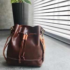 Dark Brown Genuine Leather Drawstring Backpack, Barrel Bag, Shoulder Bag, Convertible Bag, Hand Stitched Bag, Kinies