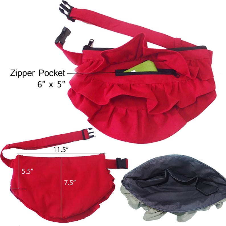 May include: Red ruffled fabric waist bag with a zipper pocket. The bag measures 11.5 inches long, 7.5 inches wide, and 5.5 inches tall. The zipper pocket measures 6 inches by 5 inches.