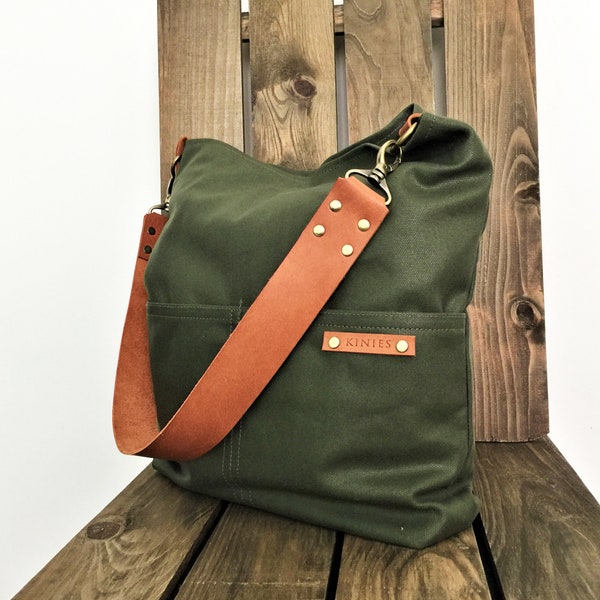 Personalized Waxed Canvas Zipper Shoulder Bag with Leather Strap in Army Green Minimalist Bag, Personalized Gift Bag For Mom Gift for Her