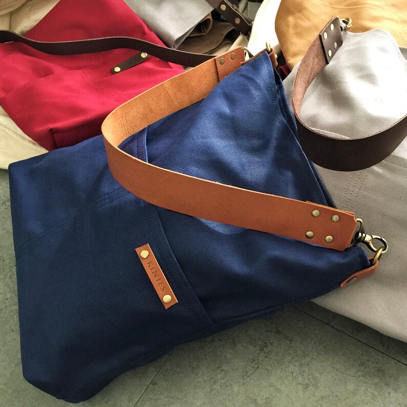 Personalized Waxed Canvas Zipper Shoulder Bag With Leather Etsy