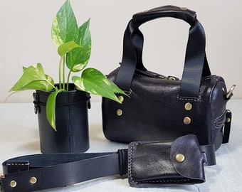 Small Leather Bag, Black Leather Mini Weekender, Overnight Bag, Crossbody Bag, Sling Bags, Hand Stitched Bag, Women Leather bag - A41