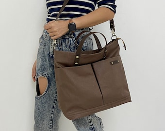 Personalized Waxed Canvas Zipper Large Tote Bag with Leather Strap, Crossbody Bag, Shoulder Bag, Working Bag, Unisex Bag, Document Bag