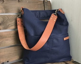 Personalized Waxed Canvas Zipper Shoulder Bag with Leather Strap in Dark Blue Minimalist Bag, Personalized Gift Bag For Mom Gift for Her