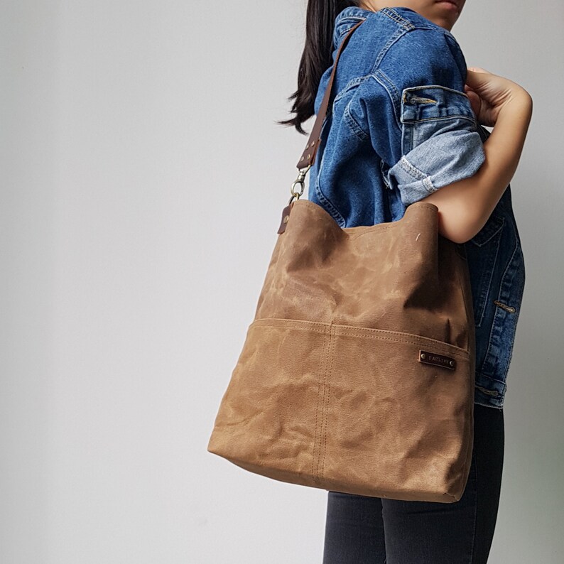 Personalized Waxed Canvas Zipper Shoulder Bag with Leather Etsy