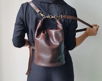 Easter gift, Leather Bucket Bag, Roll Top Sack, Unisex Backpack, Medium Capacity Bag, Crossbody Bag, Leather Bag, Bucket Barrel Bag