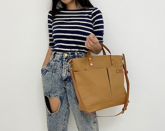 Personalized Waxed Canvas Zipper Large Tote Bag with Leather Strap, Crossbody Bag, Shoulder Bag, Working Bag, Unisex Bag, Document Bag