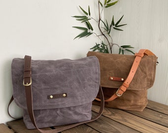 Personalized Zipper Waxed Canvas Satchel Bag with Leather Strap, bag for men, Satchel crossbody Bag, Personalized Gift, postman Bag