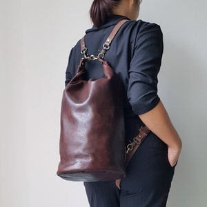 Easter gift, Leather Bucket Bag, Roll Top Sack, Unisex Backpack, Large Capacity Bag, Crossbody Bag, Leather Bag, Bucket Barrel Bag