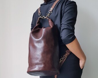 Easter gift, Leather Bucket Bag, Roll Top Sack, Unisex Backpack, Large Capacity Bag, Crossbody Bag, Leather Bag, Bucket Barrel Bag