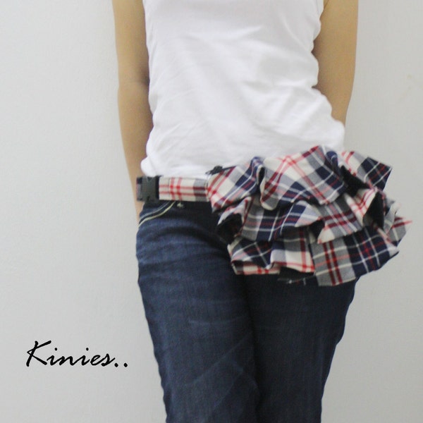 Last  - KINIES Ruffled WAIST PURSE in Beige and Navy Blue Plaid