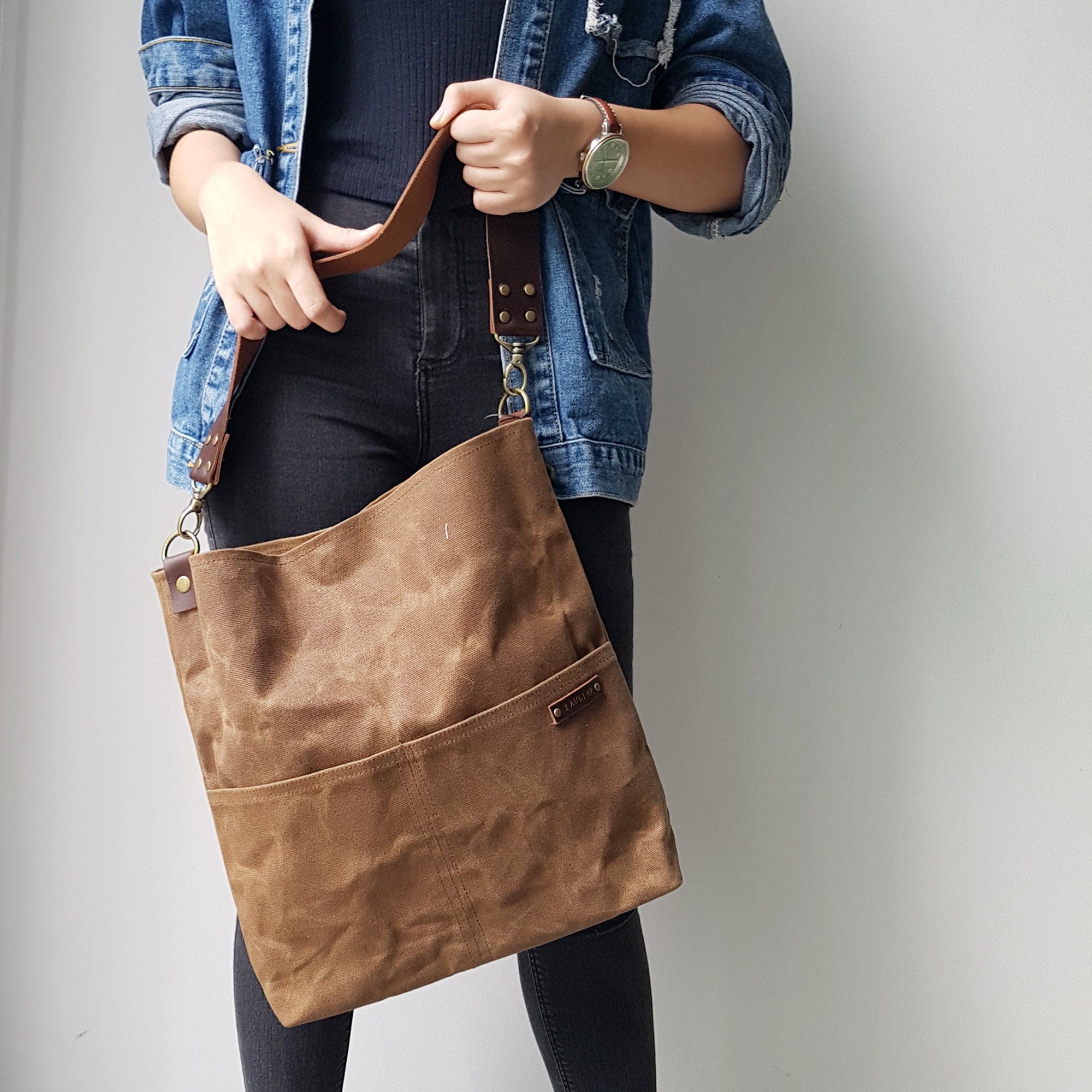 Personalized Waxed Canvas Zipper Shoulder Bag With Leather Etsy Canada