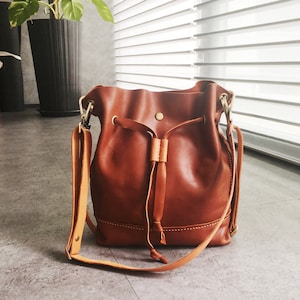 Copper Genuine Leather Drawstring Backpack, Barrel Sling Bag, Shoulder Bag, Convertible Bag, Hand Stitched, Kinies