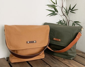 Personalized Zipper Waxed Canvas Satchel Bag with Leather Strap, bag for men, Satchel crossbody Bag, Personalized Gift, postman Bag