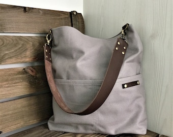 Personalized Waxed Canvas Zipper Shoulder Bag with Leather Strap in Light Gray, Minimalist Bag, Personalized Gift, Tote Bag, Gift for Her