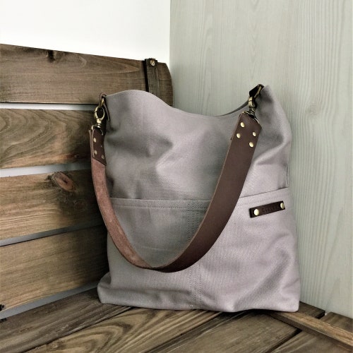 Personalized Waxed Canvas Zipper Shoulder Bag With Leather Etsy