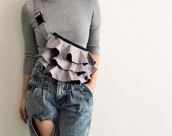 Light Gray Ruffled Waist Purse, Fanny Pack, Travel Pouch, Hip Bag, Party Bag, Zipper Pouch, Bridesmaid Gift, Walking Bags, Bike Bum Bag