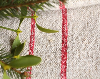 F 102:  antique rustic grainsack faded STRAWBERRY RED holiday feeling pillow cushion rural, 40.94 long, vintage, old linen fabric