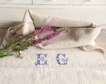 antique linen grain sack, interior, french farmhouse decor, tablerunner, upholstery, Monogramm L 332