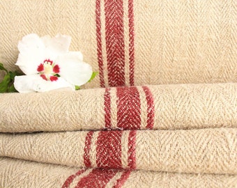 Antique Hemp Linen Fabric: Handloomed Cherry Red Stripe, 5.13 Yards