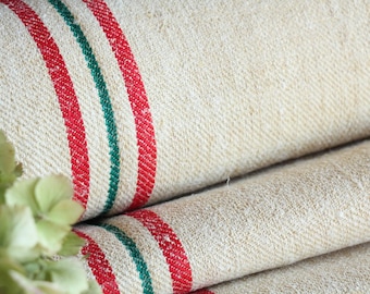 Antique Handloomed Hemp Linen: Red & Green Stripe, 4.37 Yards