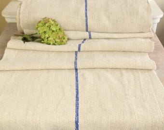 Antique Handwoven Linen Fabric: Organic Oatmeal with Blue Stripes (12.82y)