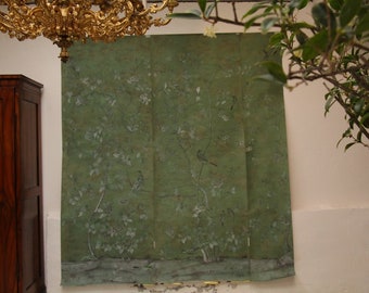 hand-painted silk wallpaper, antique patina, handmade, CHINOISERIE interior design, smaragd green, 6 panels, 12,70 m2 , 245 cm high, W 2